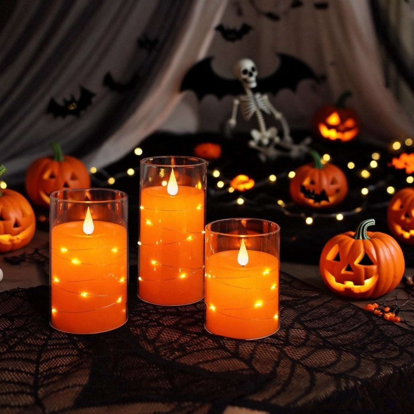 Flickering Flameless Candles Set of 3 Flickering Flameless Candles with Embedded String Lights | Battery Operated LED Candles with Remote