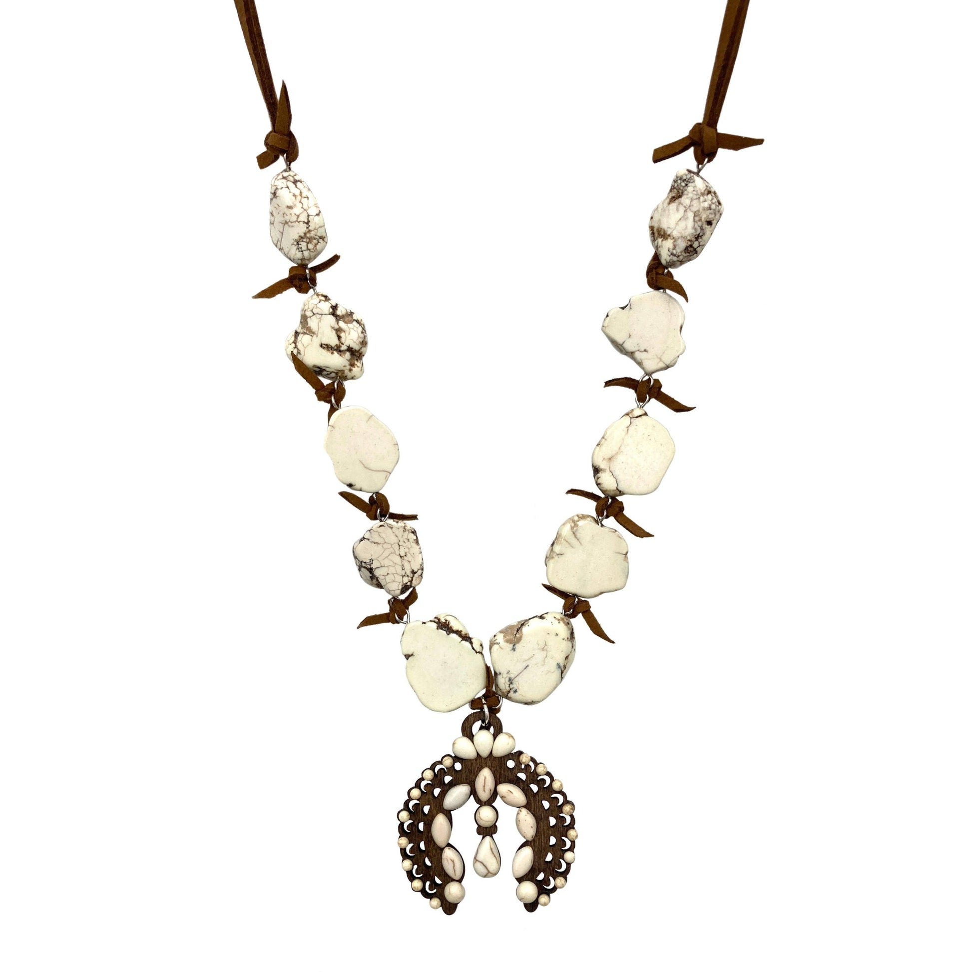 Wood Squash Blossom White Stone Suede Necklace
