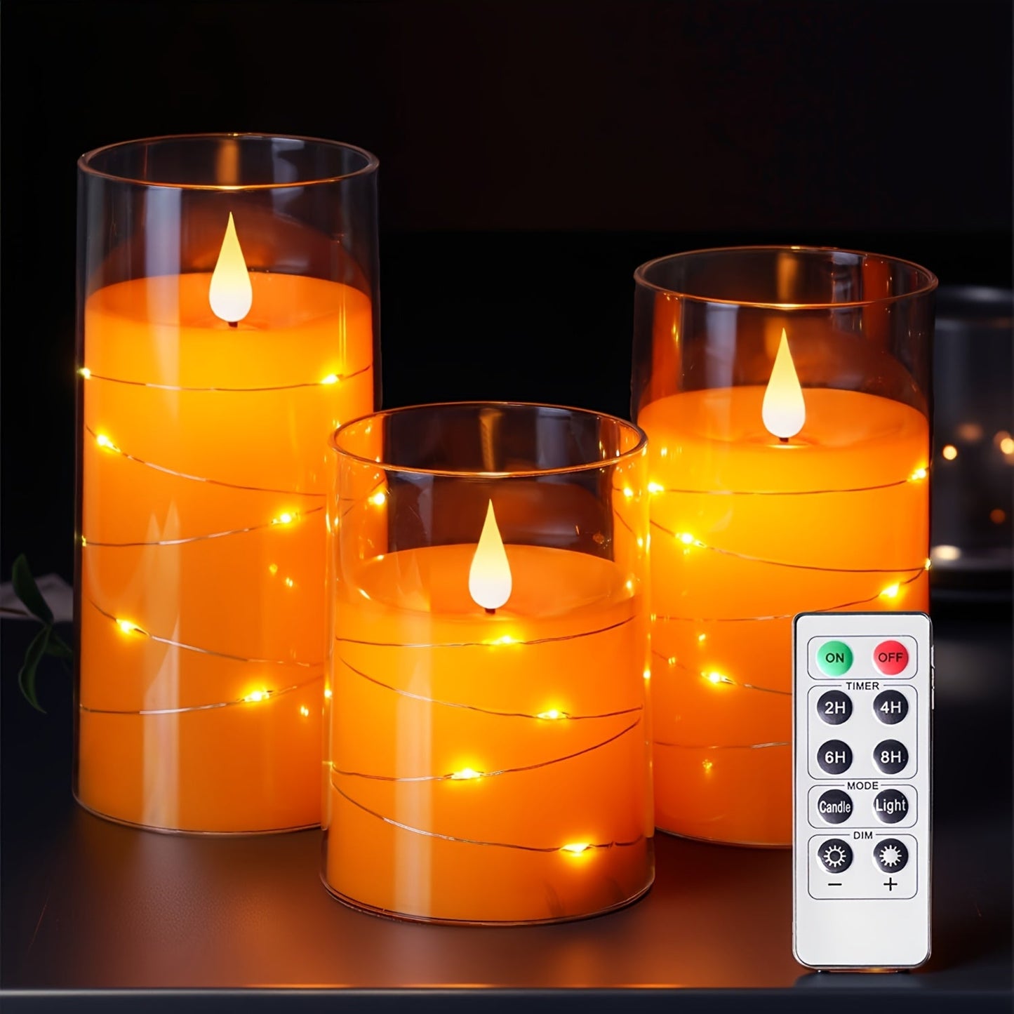 Flickering Flameless Candles Set of 3 Flickering Flameless Candles with Embedded String Lights | Battery Operated LED Candles with Remote