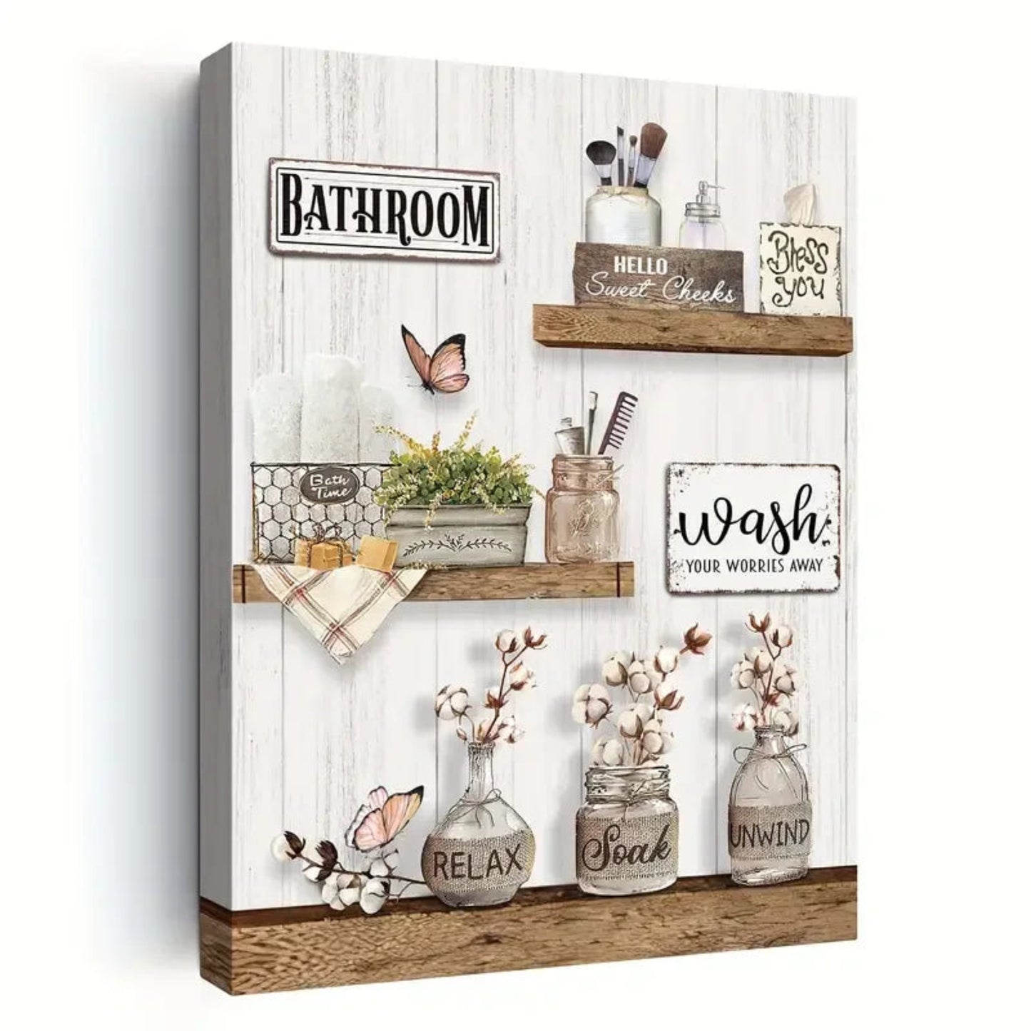 1pc  Farmhouse Bathroom Decor Wall Art Rustic Flower And Butterfly Bathroom Pictures Canvas Print Country Bathroom Wall Decor