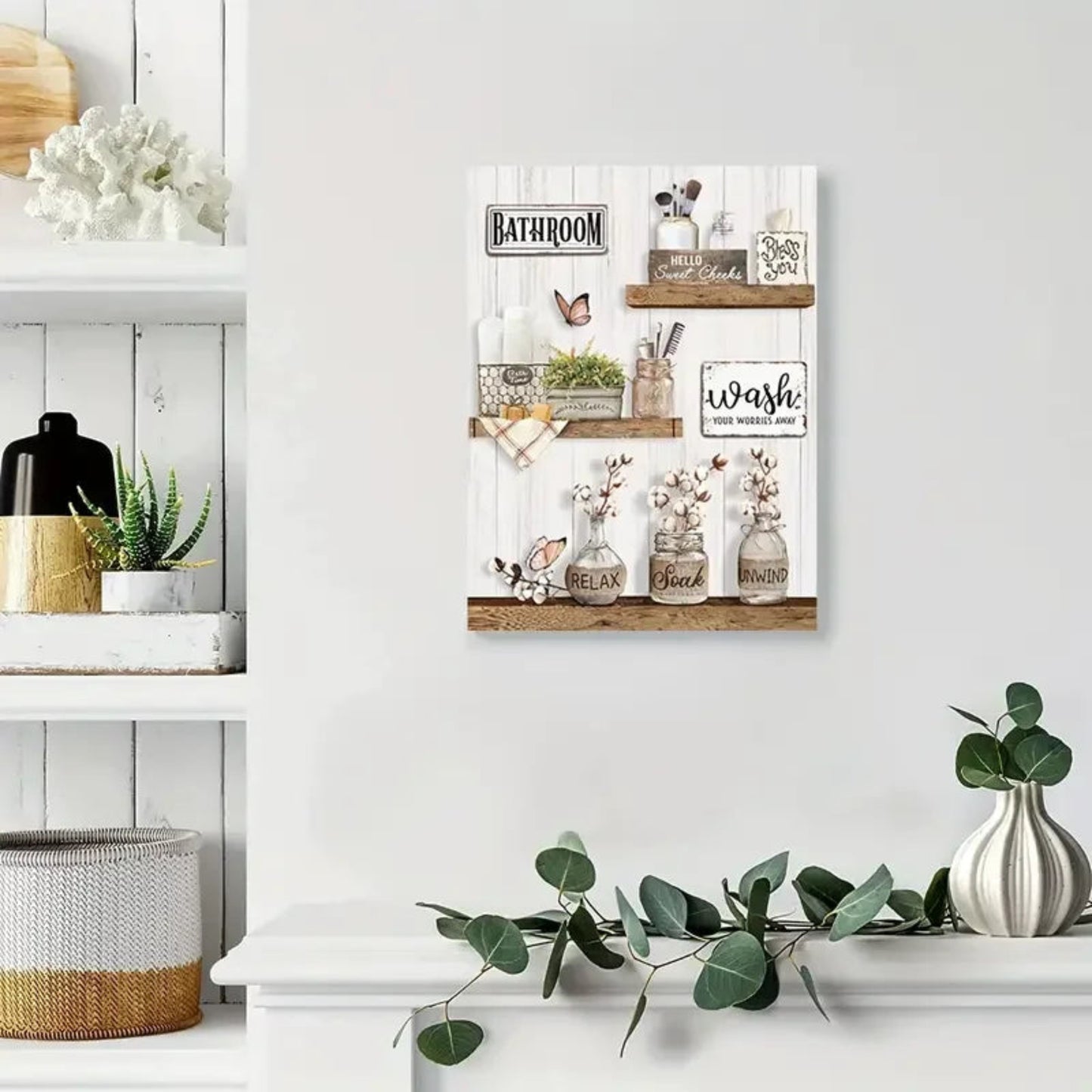 1pc  Farmhouse Bathroom Decor Wall Art Rustic Flower And Butterfly Bathroom Pictures Canvas Print Country Bathroom Wall Decor