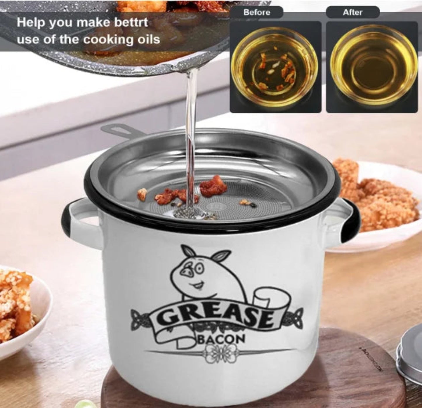 Grease Keeper - 46oz Bacon Grease Container with Strainer & Lid, Grease Saver Jar for Kitchen