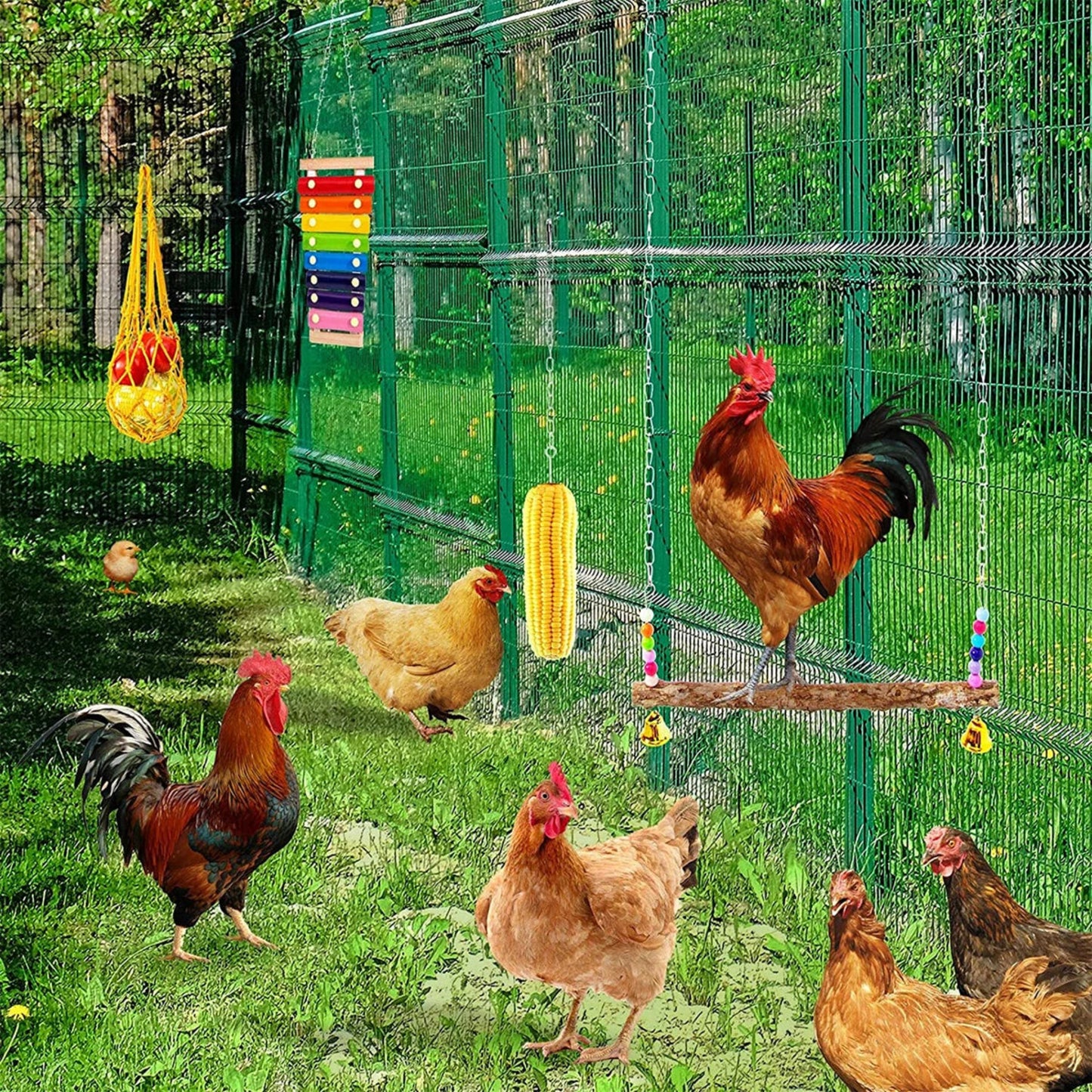 Chewing Foraging Toys Chicken Toys Set Parrot Playing Training Toys with Wooden Swing Fruit Vegetable Hanging Feeder Bell Toys
