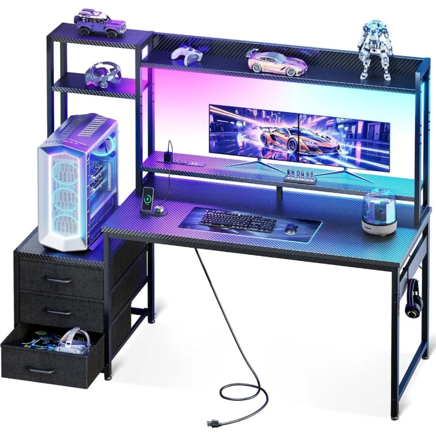 Gaming Desk with Hutch & Fabric Drawers, Computer Desk with USB Ports & LED Lights, Reversible Pc Gamer Table with Monitor Stand
