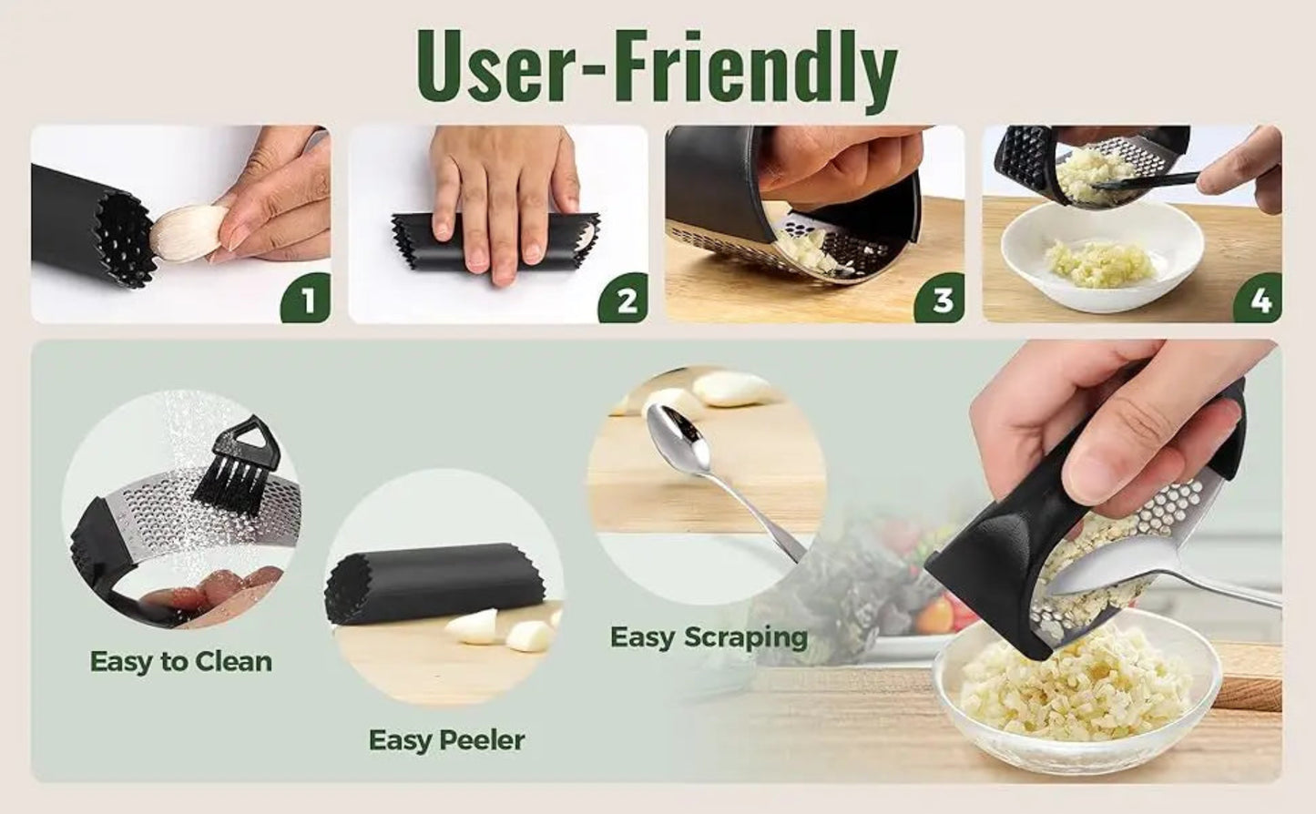 Garlic Press Rocker Stainless Steel Garlic Mincer Garlic Crusher Easy-Squeeze Tool with Peeler and Cleaning Brush for Smashing
