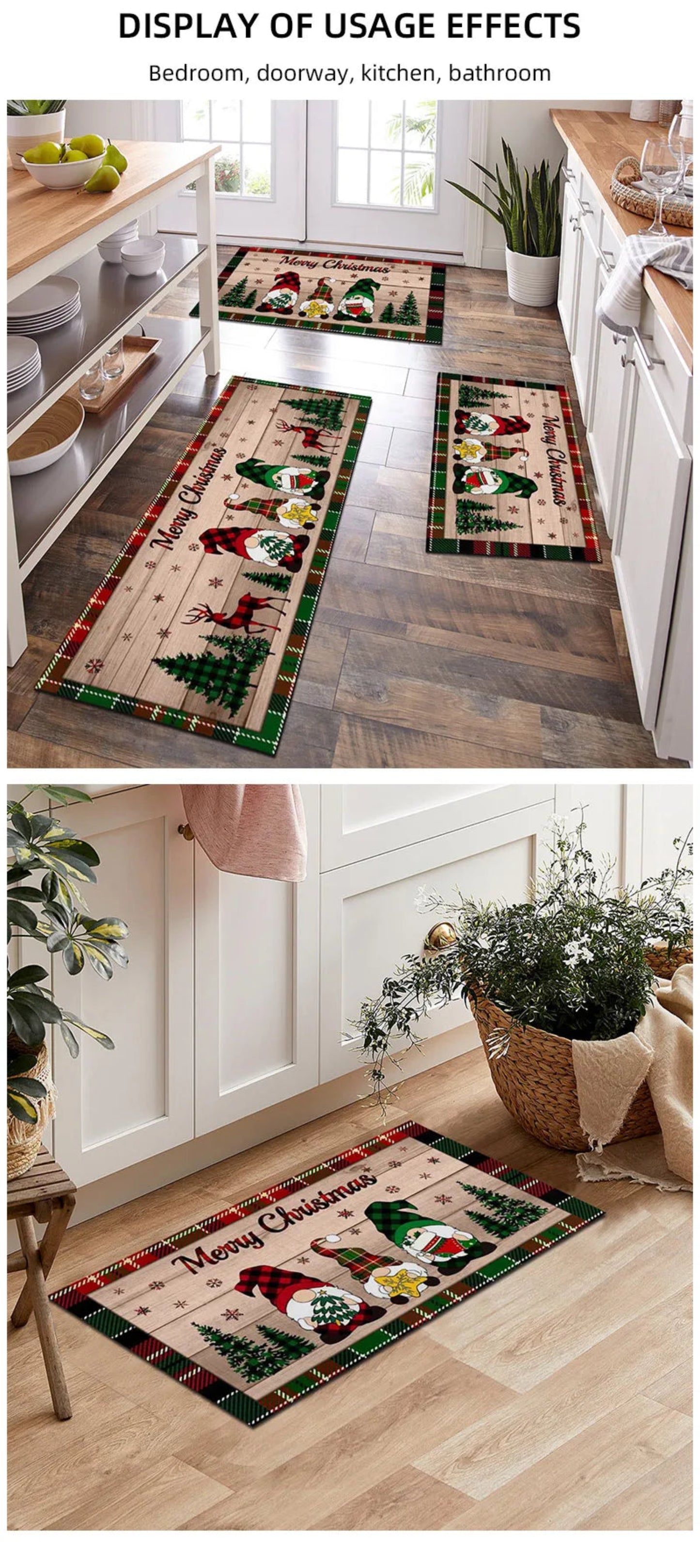 Merry Christmas Gnome Xmas Tree Pattern Kitchen Rugs Living Room Bedroom Entrance Carpets Balcony Bathroom Non-slip Floor Mats