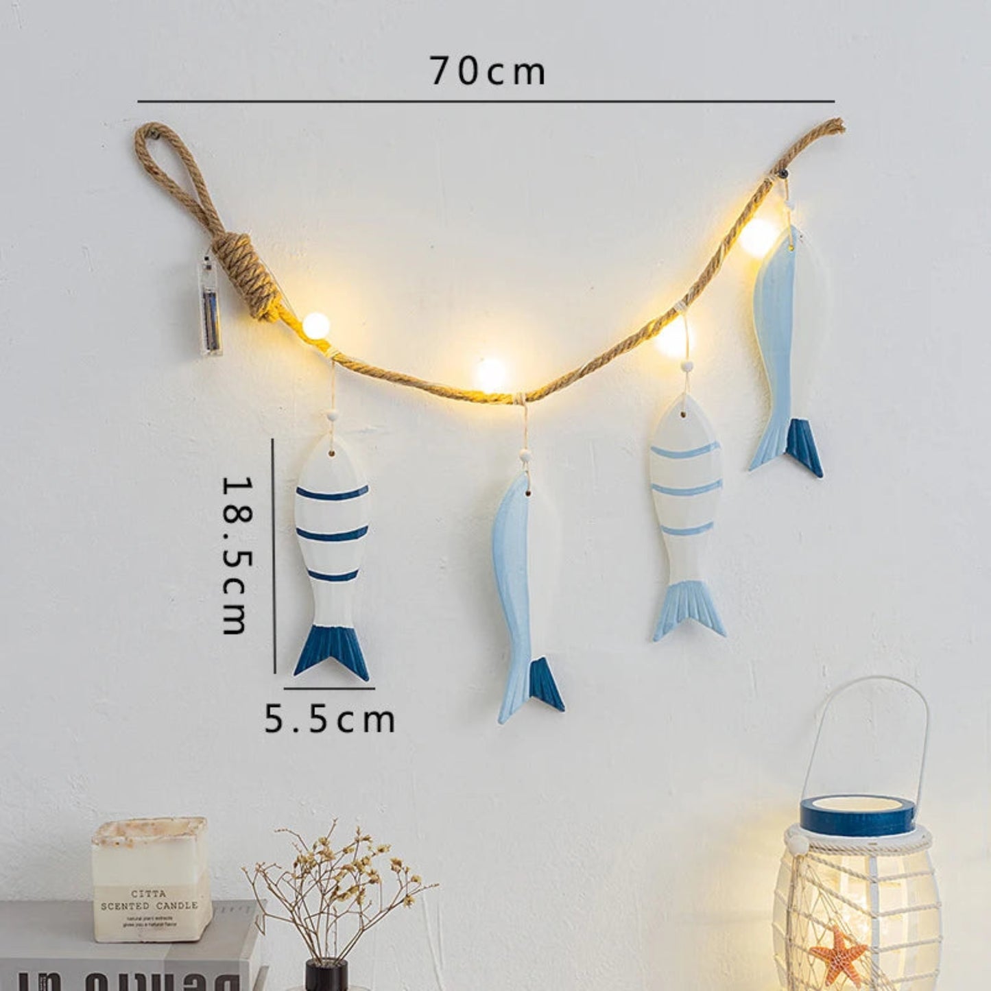 Mediterranean Fish Wall Hanging Pendant LED Light Fish String Ornament Home Bedroom Café Bar Decoration Ocean Nautical Theme