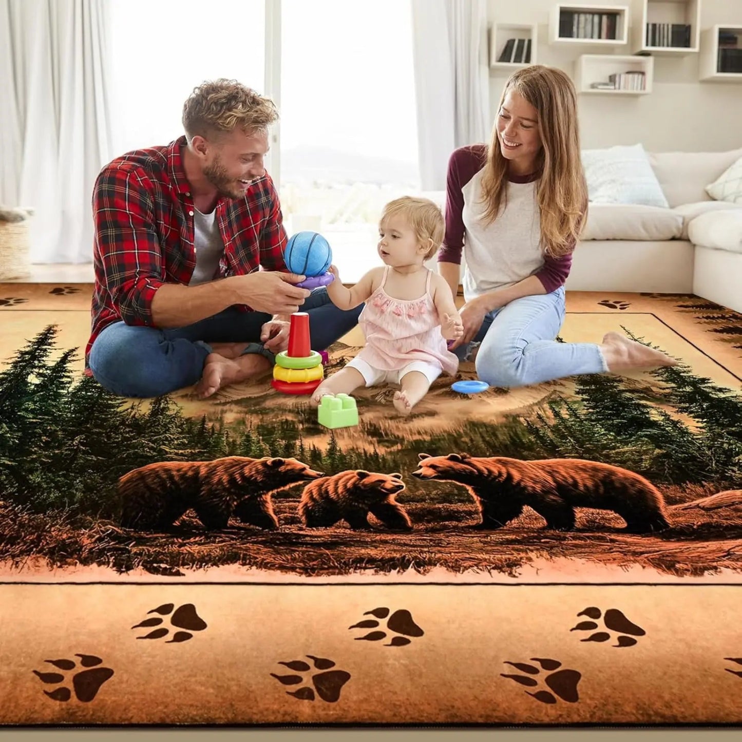 FRAMICS Farmhouse Area Rug 2x3, Rustic Cabin Lodge Deer Moose Bear Washable Rugs Non Slip, Country Wildlife Area Rug for Kitchen