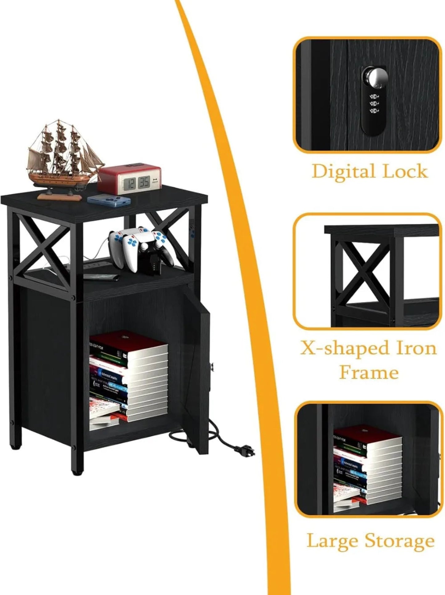 Wooden Nightstand with Charging Station, Bed Side Table with Drawers, Bedside Table with Lock, 3 USB & 2 Outlets, Night Stand