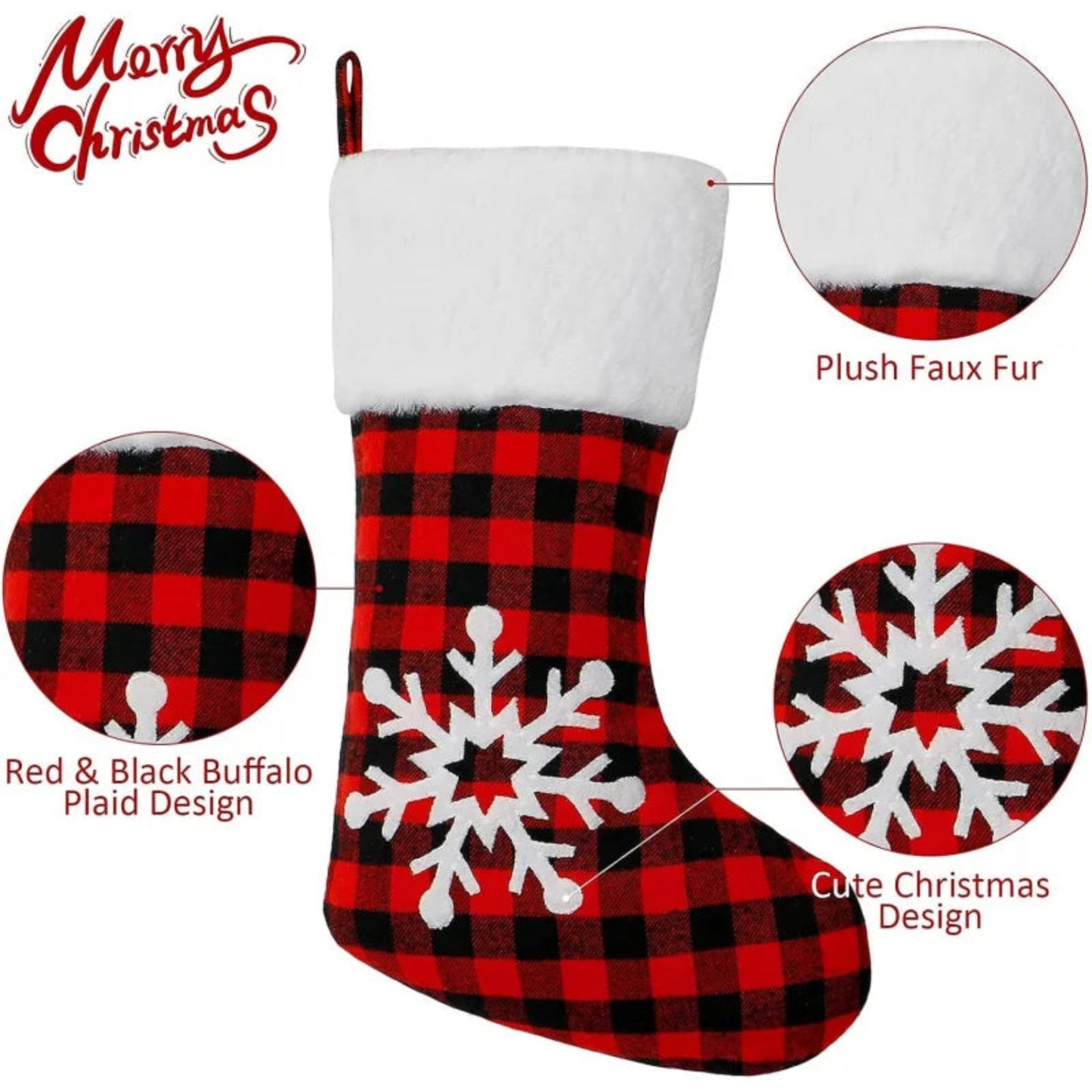 Christmas Stocking 17 Inch Large Buffalo Plaid, Faux Fur Cuff, Fireplace Hanging Sock, Perfect for Holiday Party Decorations