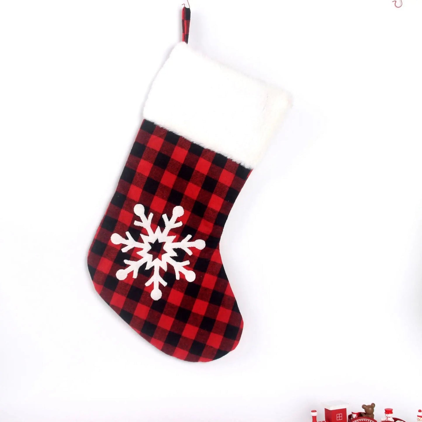Christmas Stocking 17 Inch Large Buffalo Plaid, Faux Fur Cuff, Fireplace Hanging Sock, Perfect for Holiday Party Decorations