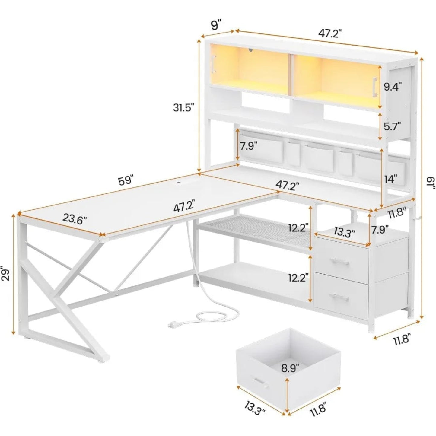 L Shaped Gaming Desk for Home Office Setup with Dual Drawers and Bookshelf Corner Computer Desk Featuring LED Lighting Glass Di
