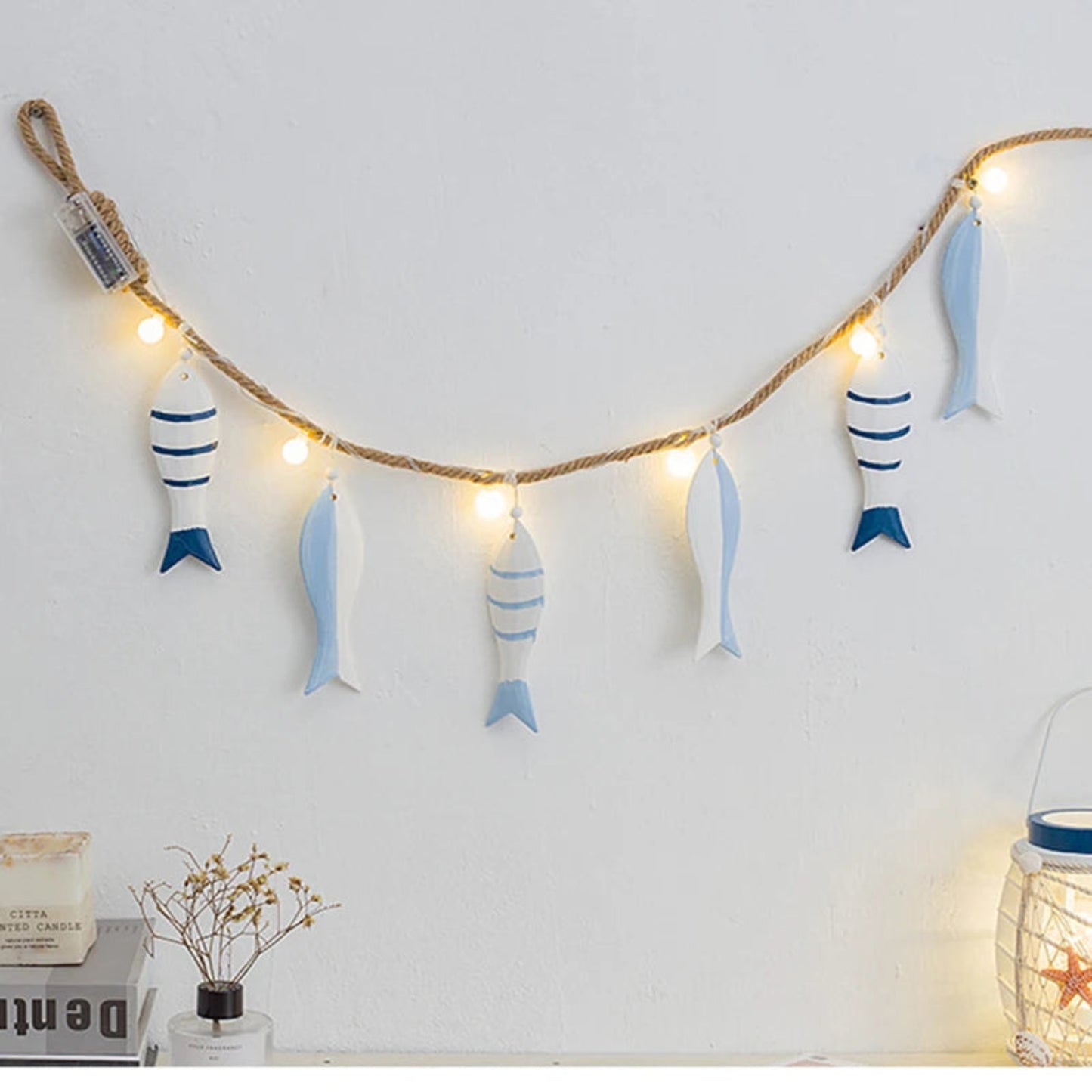 Mediterranean Fish Wall Hanging Pendant LED Light Fish String Ornament Home Bedroom Café Bar Decoration Ocean Nautical Theme