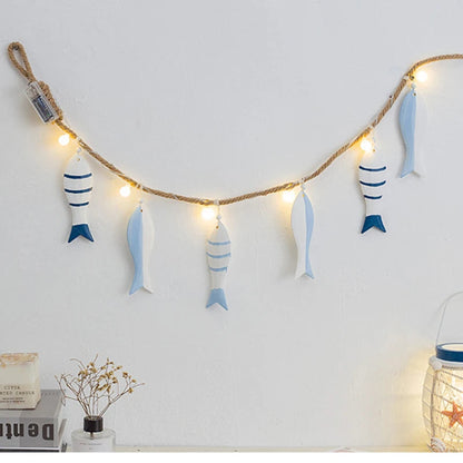 Mediterranean Fish Wall Hanging Pendant LED Light Fish String Ornament Home Bedroom Café Bar Decoration Ocean Nautical Theme