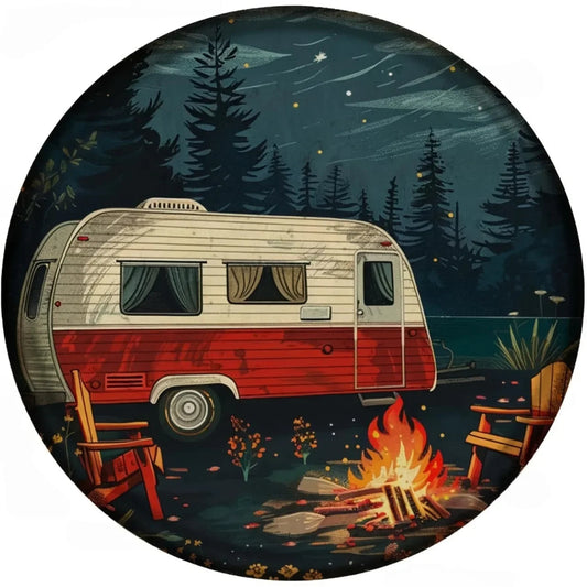 Nostalgic Camper Adventure: Vintage Camper Van with Campfire Glow Distressed Tin Art – Rustic Metal Backyard Wall Decor