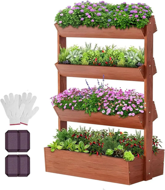 Vertical Wooden Raised Garden Bed, 4 Tier Garden Planters Freestanding Wood Plant Stand Flower Rack Wooden Planter Box