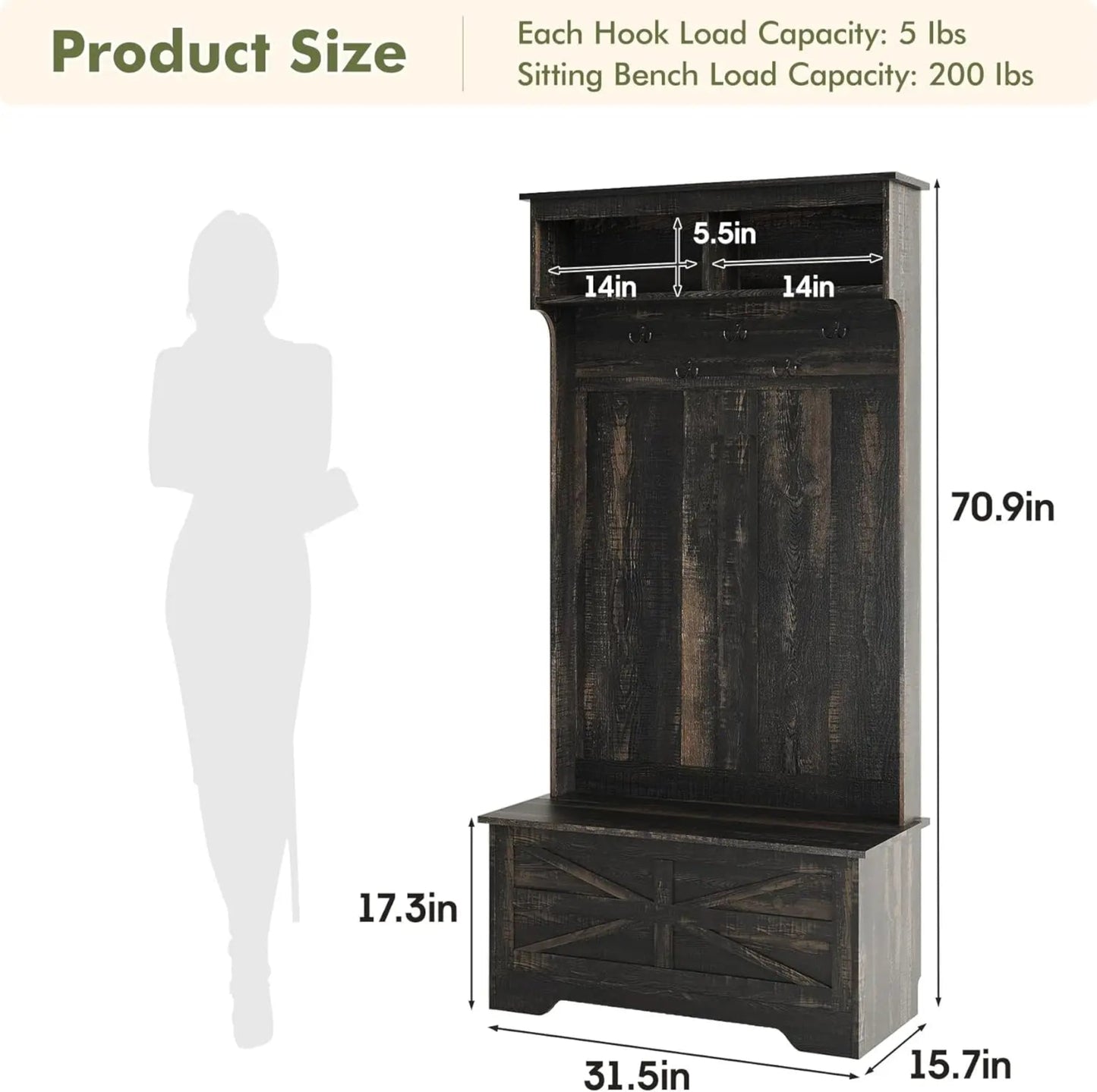 2025New-71" Entryway Small Hall Tree with Bench, 4-in-1 Coat Rack with Flip-top Door Storage Cabinet, Mud Room Bench with Storag