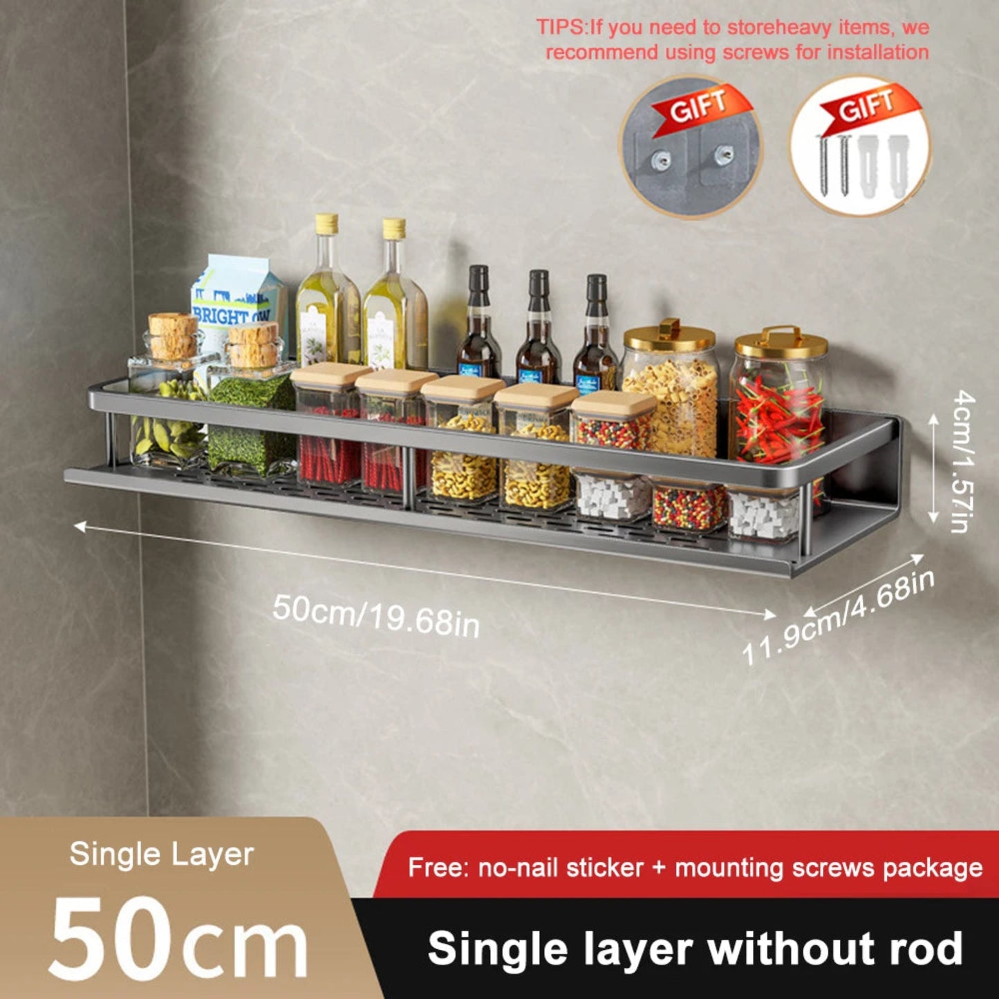Wall-Mounted Kitchen Spice Rack Organizer Carbon Steel No Drilling 12-20 Inch Seasoning Holder Shelf for Easy Access to Spices