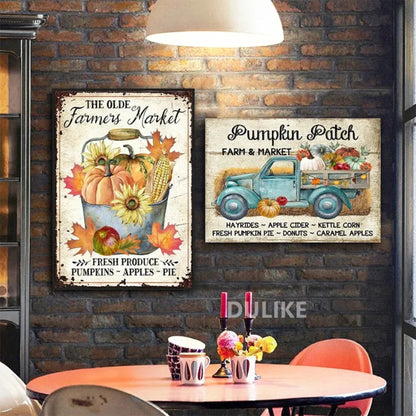 Country Farm Style Fall Pumpkins Retro Posters and Prints Rustic Fall Market Sign Canvas Painting Farmhouse Wall Pictures Decor