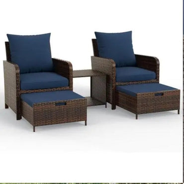 5-Piece Blue Patio Furniture Set with Balcony Chairs and Hidden Ottoman, Including Side Table