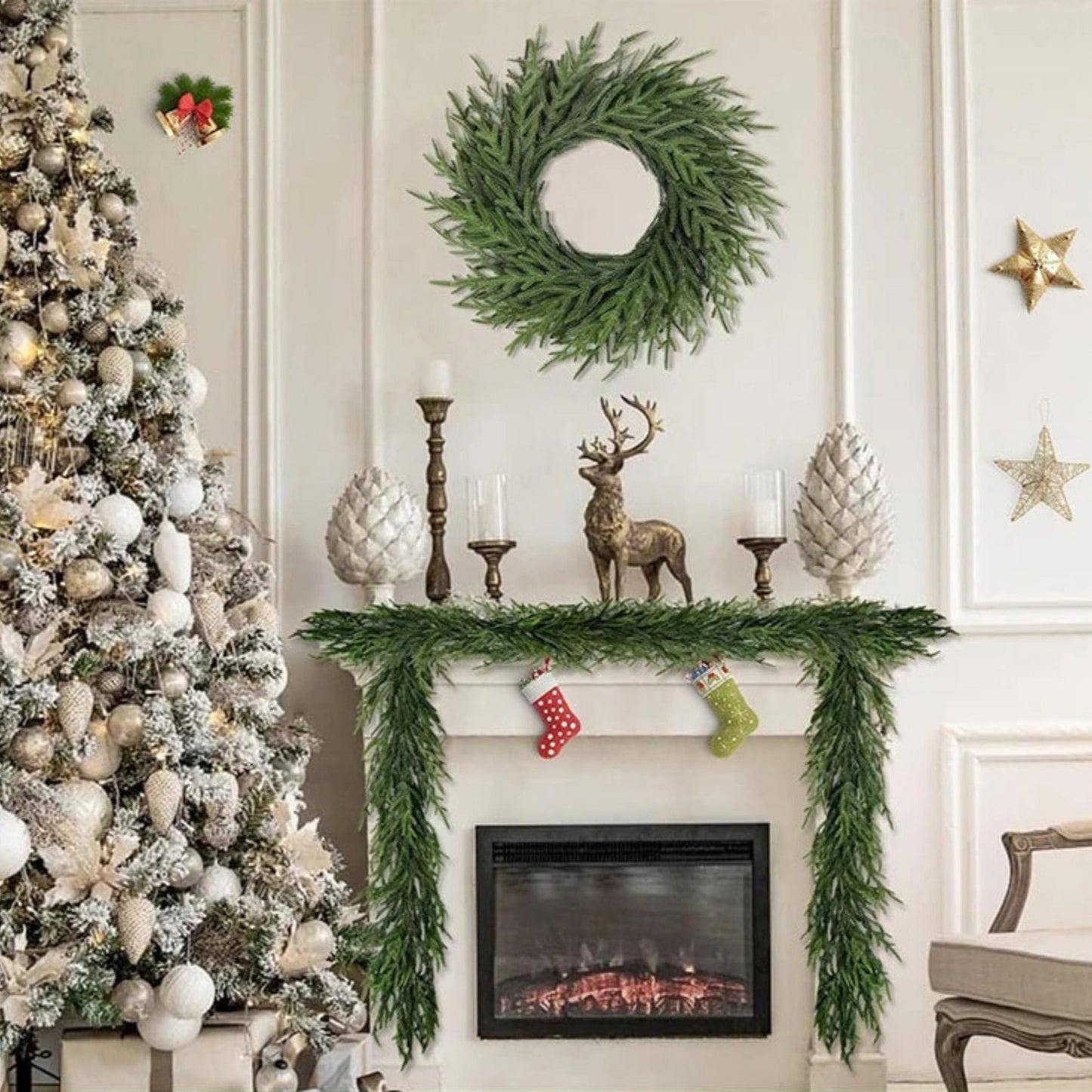 إكليل عيد الميلاد بطول 180 سم لتزيين الباب الأمامي، إكليل من الصنوبر الأخضر الاصطناعي لعيد الميلاد، ديكور جدران المنزل الداخلي 2025