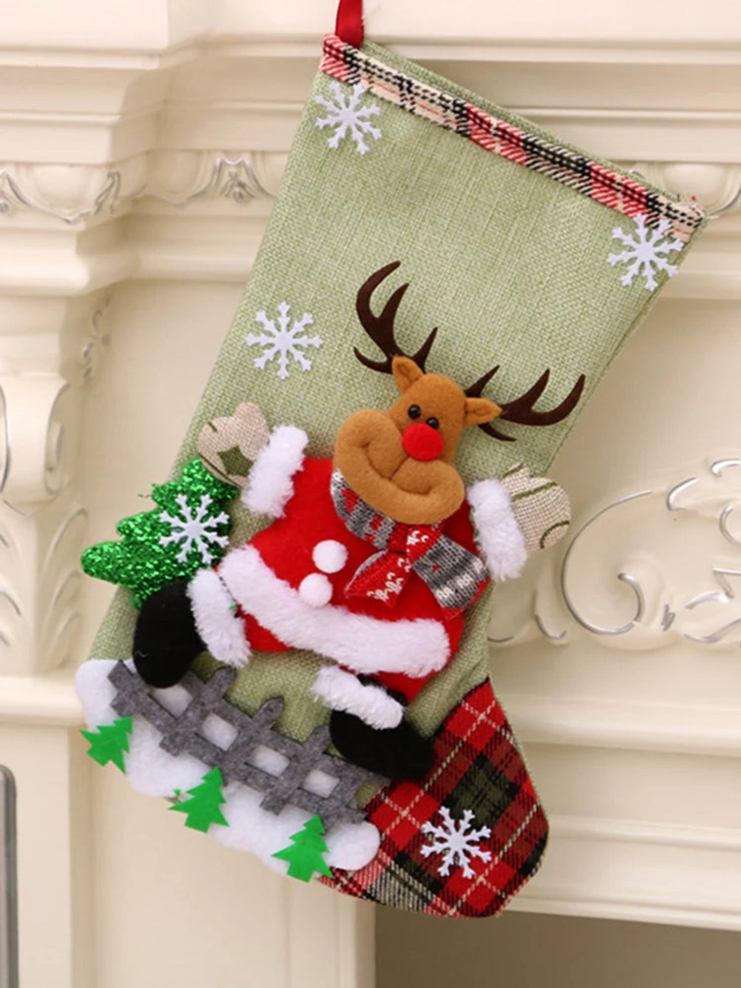 4Pcs Christmas Stockings Set Large Capacity Cute Stockings Bag Plush Santa Claus/Snowman/Bear/Elk for Xmas Tree Fireplace