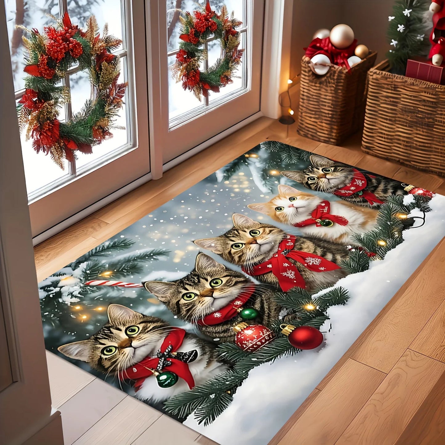 Christmas Cute Cat Rug, Indoor and Outdoor Entrance Carpet, Bathroom Floor Mat, Soft and Water-Resistant Home Decoration