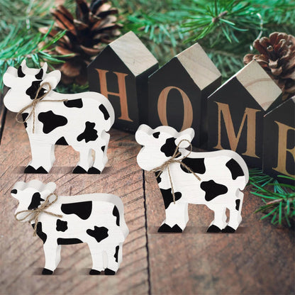 Farmhouse Wooden Cow Figurines Set of 3 Tiered Tray Decorations Rustic Standing Signs for Home Kitchen Living Room Farm Decor