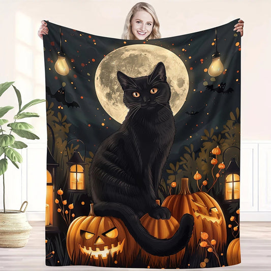 1pc Halloween Black Cat Blanket with Moon & Pumpkins , Flannel blanket, Halloween gift blanket.
