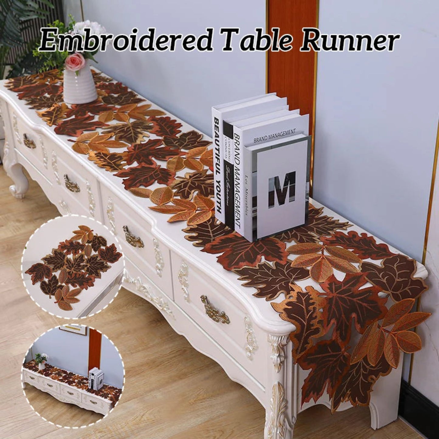 1Pc Autumn Maple Leaf Embroidered Table Runner Hollow Out Flocked Brown Maple Design Rustic Farmhouse Thanksgiving Harves