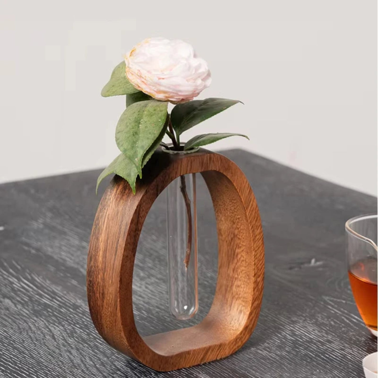 1 Piece Walnut Wooden Flower Vase Simple Glass Plant Vase Mini Aquarium Vase Flower Arrangement Home Decoration