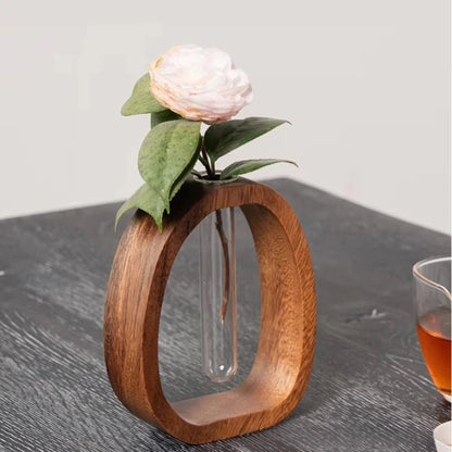 1 Piece Walnut Wooden Flower Vase Simple Glass Plant Vase Mini Aquarium Vase Flower Arrangement Home Decoration