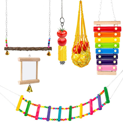 Chewing Foraging Toys Chicken Toys Set Parrot Playing Training Toys with Wooden Swing Fruit Vegetable Hanging Feeder Bell Toys