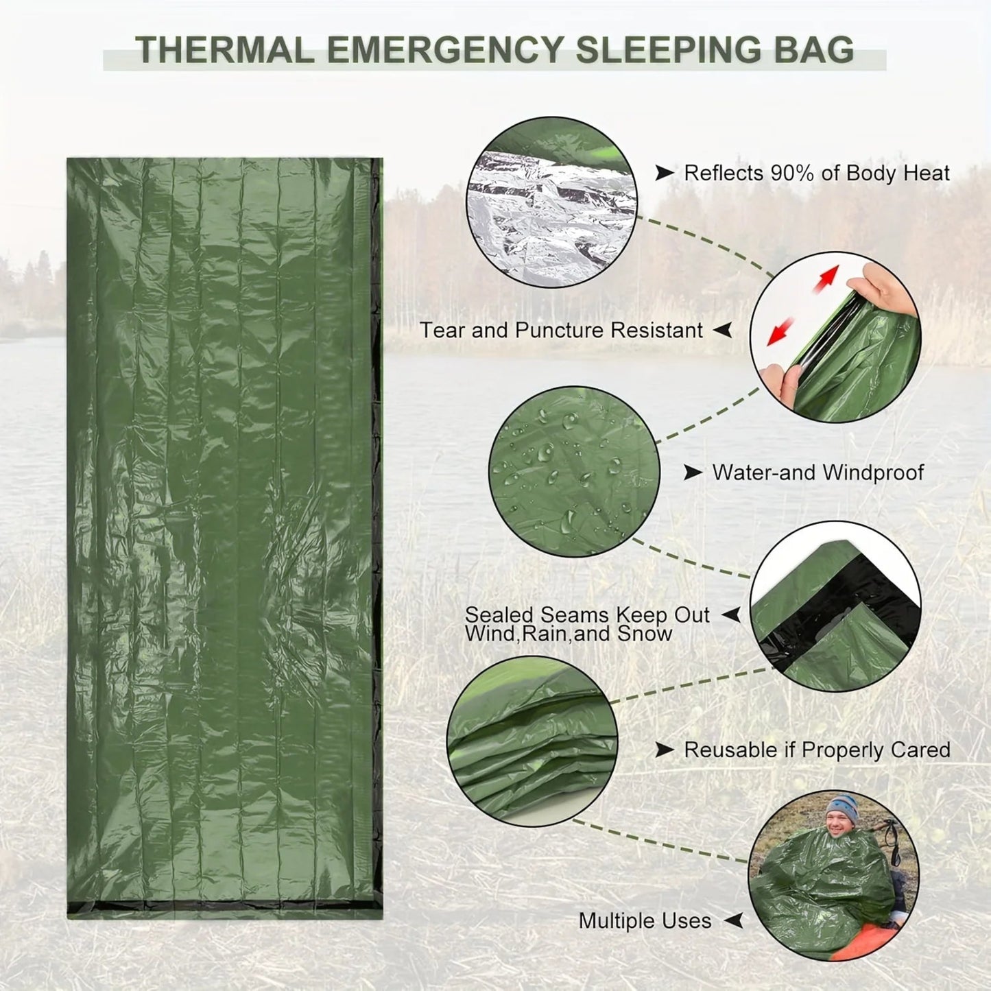 Compact & Lightweight Emergency Thermal Sleeping Bag - Waterproof, Mylar - Enhanced for Outdoor Camping, EDC & First Aid Rescue