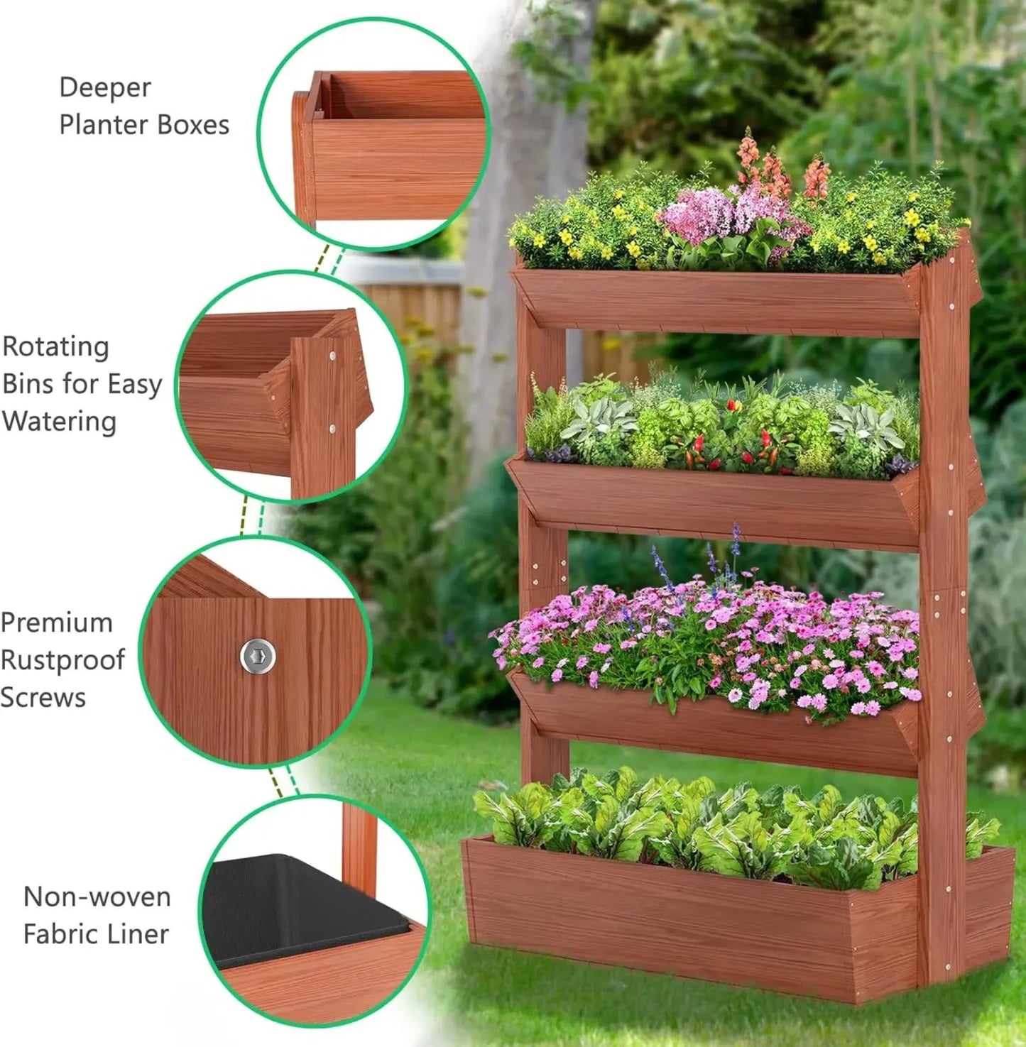 Vertical Wooden Raised Garden Bed, 4 Tier Garden Planters Freestanding Wood Plant Stand Flower Rack Wooden Planter Box