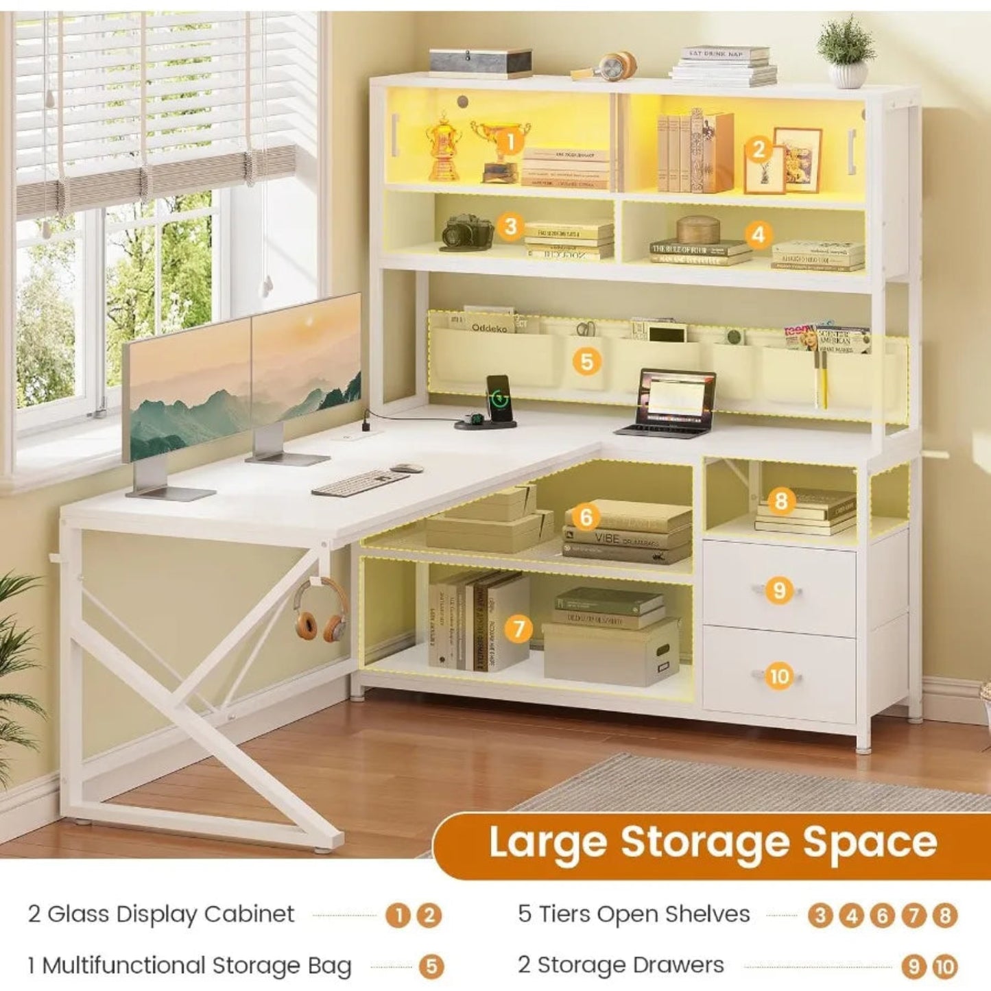 L Shaped Gaming Desk for Home Office Setup with Dual Drawers and Bookshelf Corner Computer Desk Featuring LED Lighting Glass Di