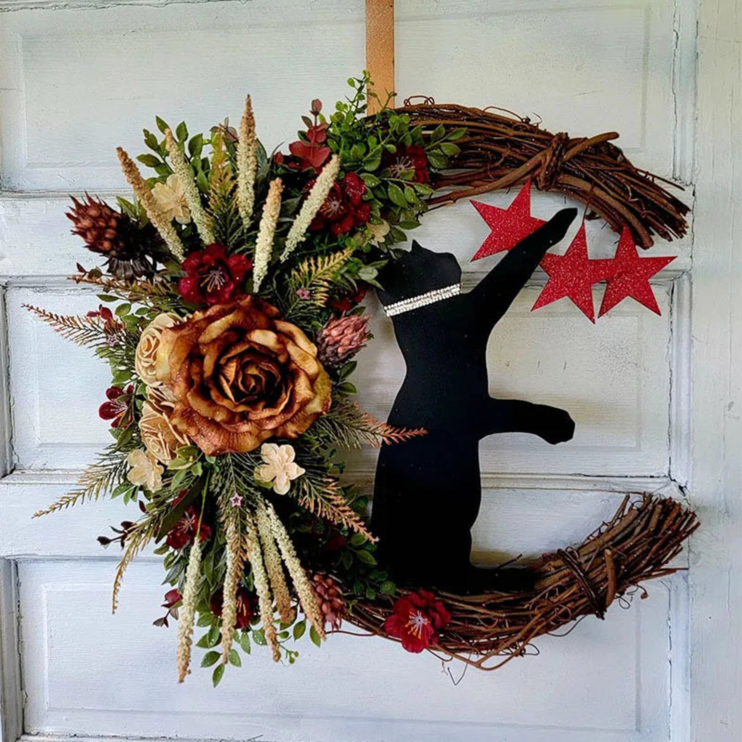 Halloween Moon Cat Flower Wreath Door Hanging Decorations Simulate Black Rose Rattan Circle Atmosphere Decorations Wall Garland