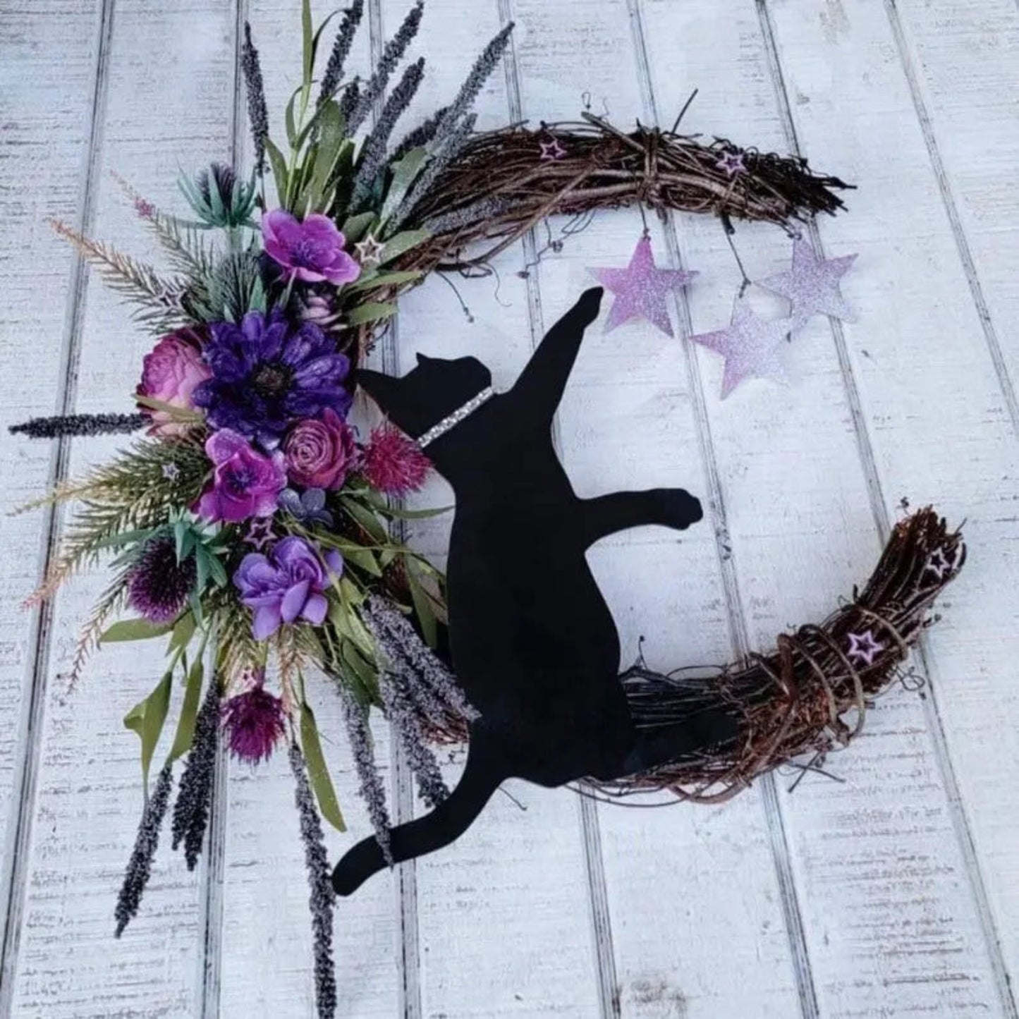 Halloween Moon Cat Flower Wreath Door Hanging Decorations Simulate Black Rose Rattan Circle Atmosphere Decorations Wall Garland