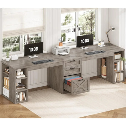 Farmhouse 96.5" Computer Desk with Drawers, 2 Person Home Office Desk, Gaming Double Desk with Storage Shelves, Long Two Person