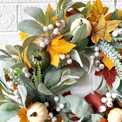 Autumn Wreath Artificial Maple Leaf White Pumpkin Door Wreath Fall Garland For Halloween Thanksgiving Hanging Ornaments