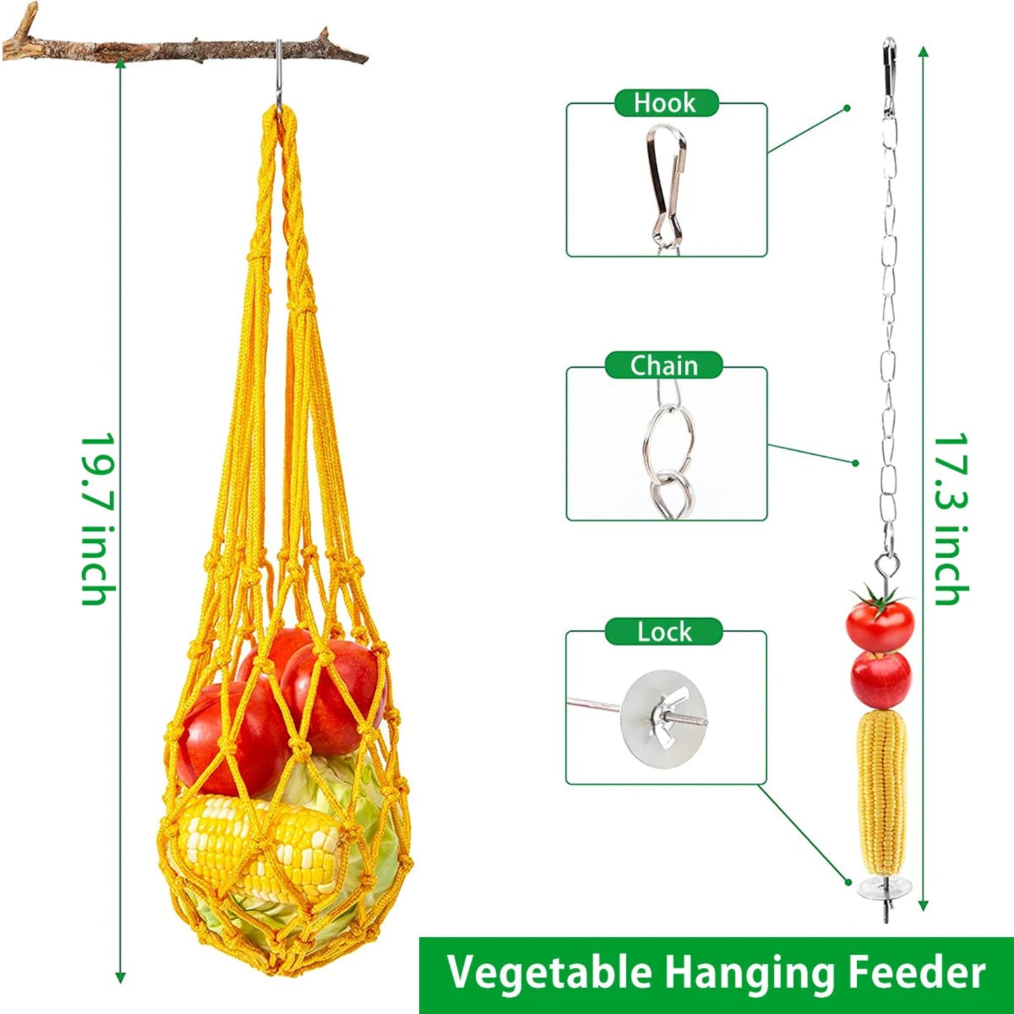 Chewing Foraging Toys Chicken Toys Set Parrot Playing Training Toys with Wooden Swing Fruit Vegetable Hanging Feeder Bell Toys