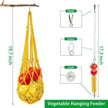 Chewing Foraging Toys Chicken Toys Set Parrot Playing Training Toys with Wooden Swing Fruit Vegetable Hanging Feeder Bell Toys