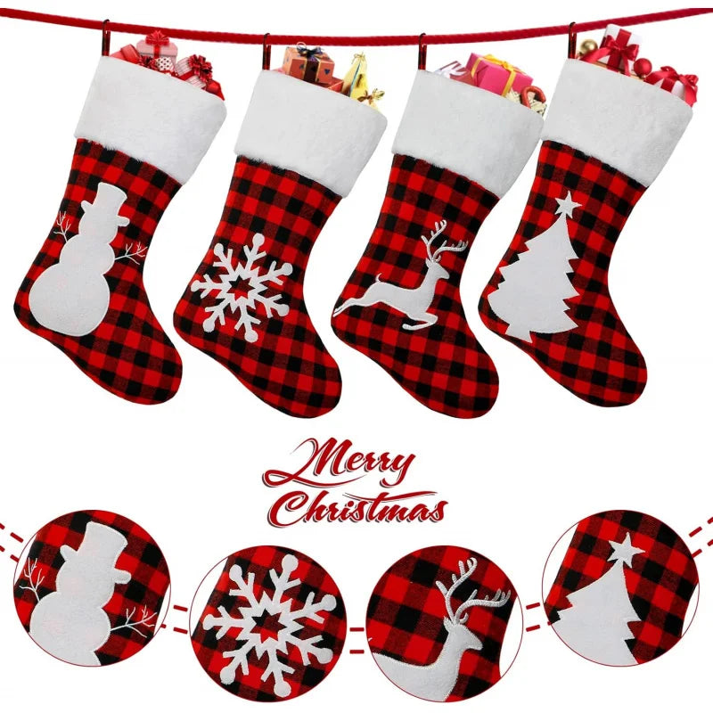 Christmas Stocking 17 Inch Large Buffalo Plaid, Faux Fur Cuff, Fireplace Hanging Sock, Perfect for Holiday Party Decorations