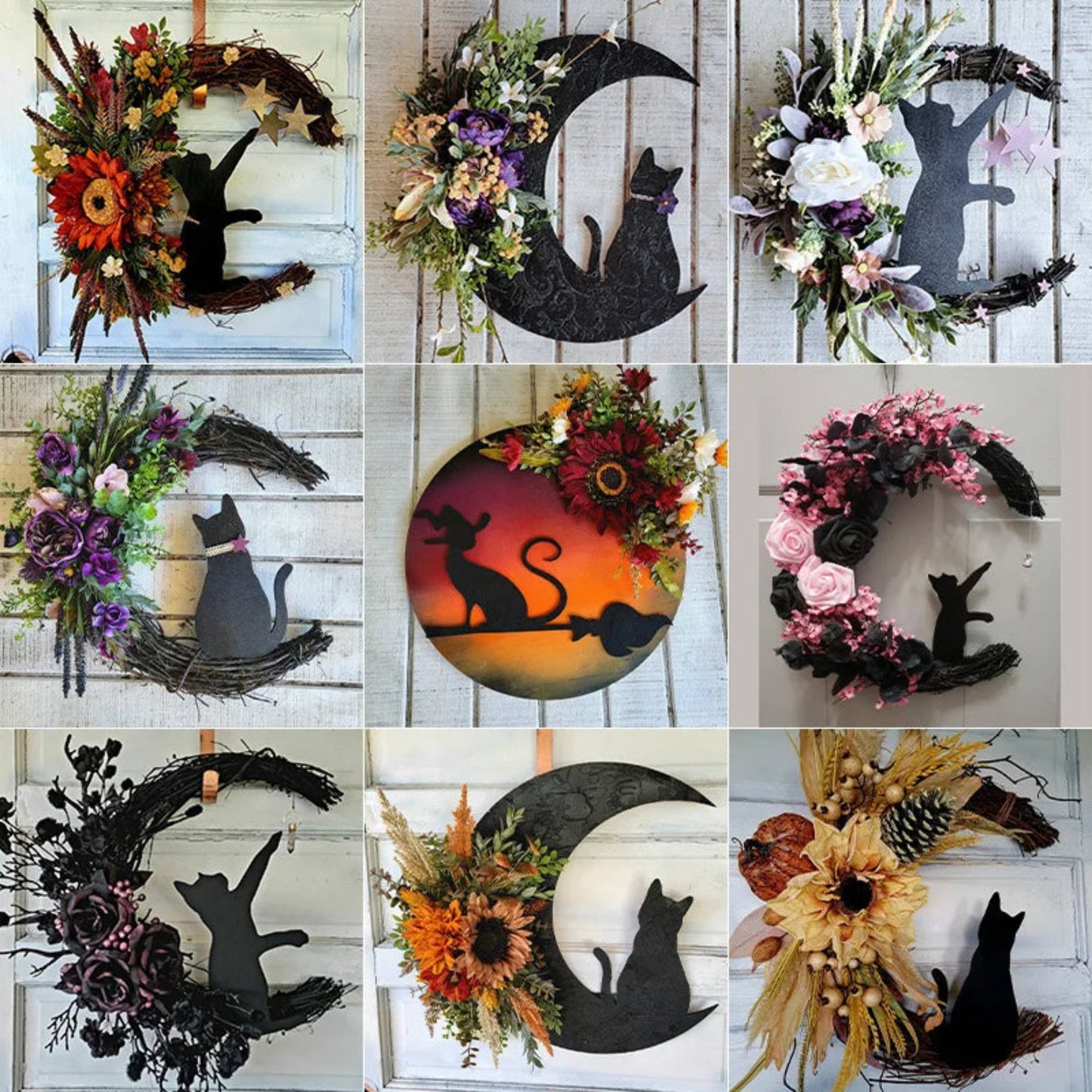 Halloween Moon Cat Flower Wreath Door Hanging Decorations Simulate Black Rose Rattan Circle Atmosphere Decorations Wall Garland
