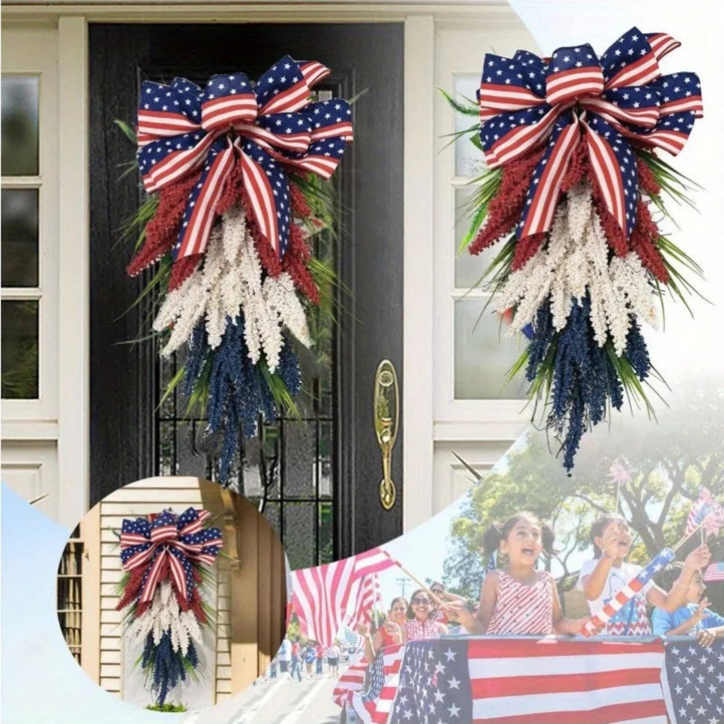 Patriotic Wreath for Front Door 4th of July Wreath White Independence Day Blue Red Wreath for Memorial Independence Day