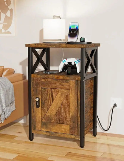 Wooden Nightstand with Charging Station, Bed Side Table with Drawers, Bedside Table with Lock, 3 USB & 2 Outlets, Night Stand