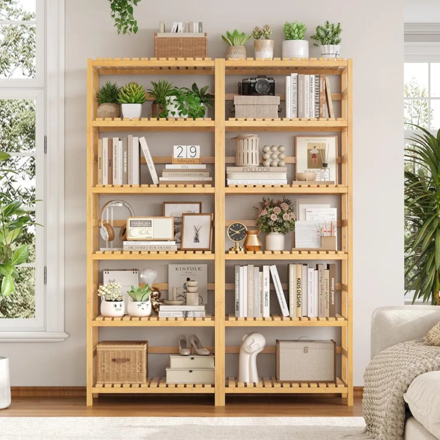 6-Tier Bamboo Shelf, Bamboo Bookcase with Adjustable Shelves, Free Standing Storage Shelf Unit, Plant Flower Stand for K