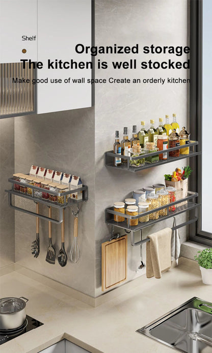 Wall-Mounted Kitchen Spice Rack Organizer Carbon Steel No Drilling 12-20 Inch Seasoning Holder Shelf for Easy Access to Spices