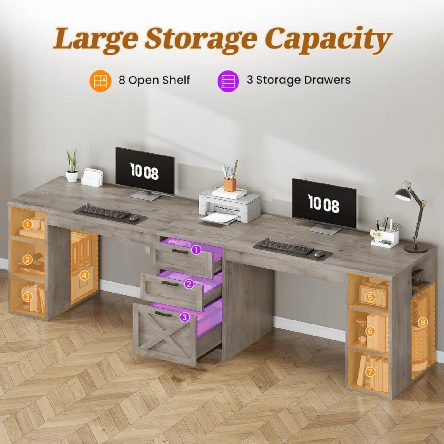 Farmhouse 96.5" Computer Desk with Drawers, 2 Person Home Office Desk, Gaming Double Desk with Storage Shelves, Long Two Person