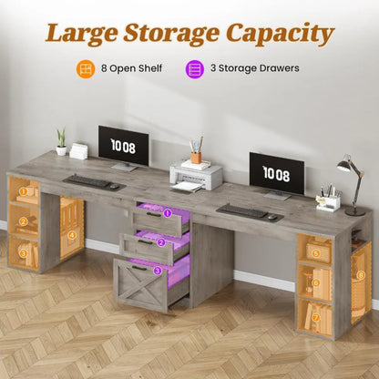 Farmhouse 96.5" Computer Desk with Drawers, 2 Person Home Office Desk, Gaming Double Desk with Storage Shelves, Long Two Person